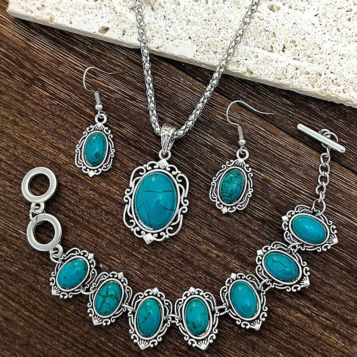 3pc Boho Faux Turquoise Oval Necklace, Bracelet & Earring Set