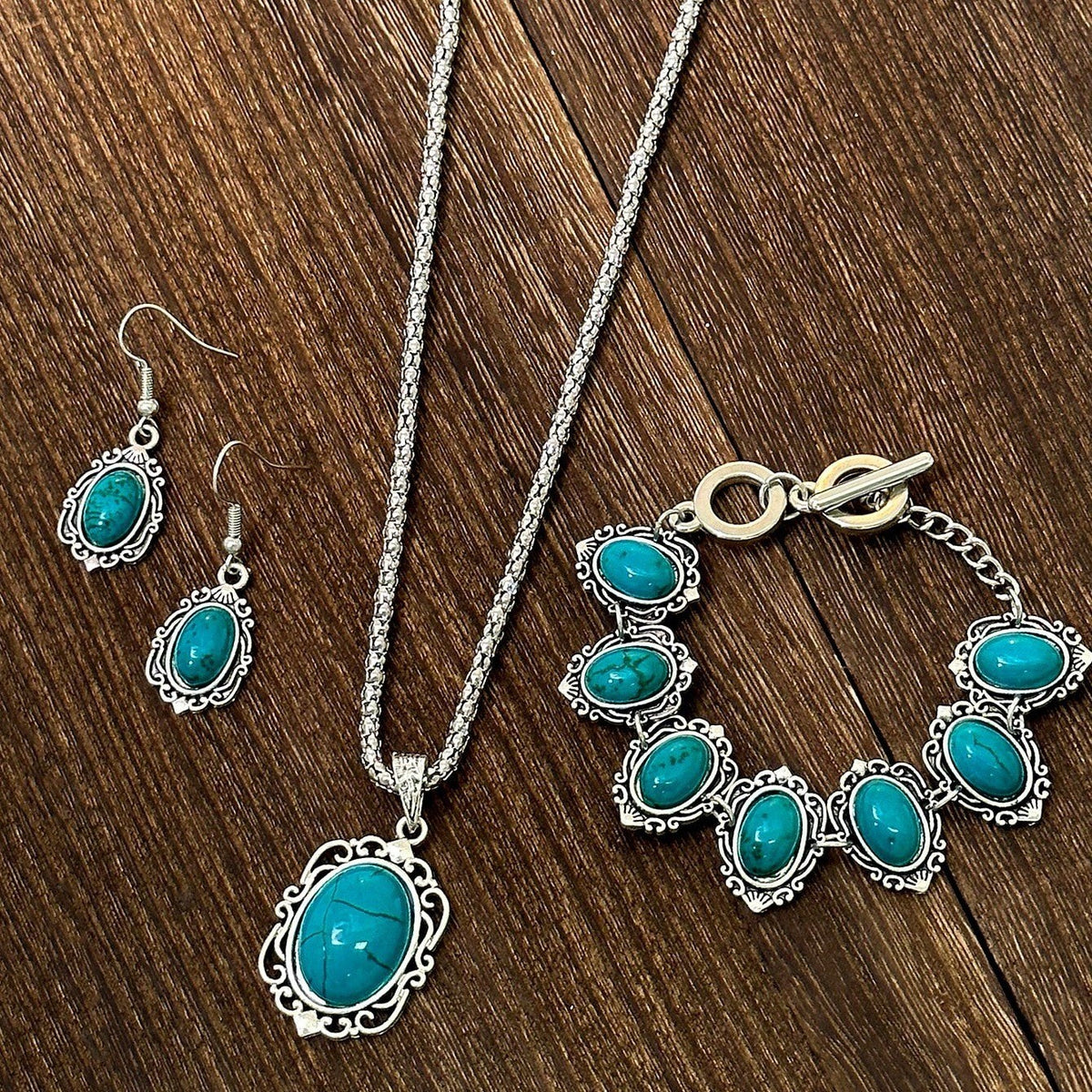 3pc Boho Faux Turquoise Oval Necklace, Bracelet & Earring Set