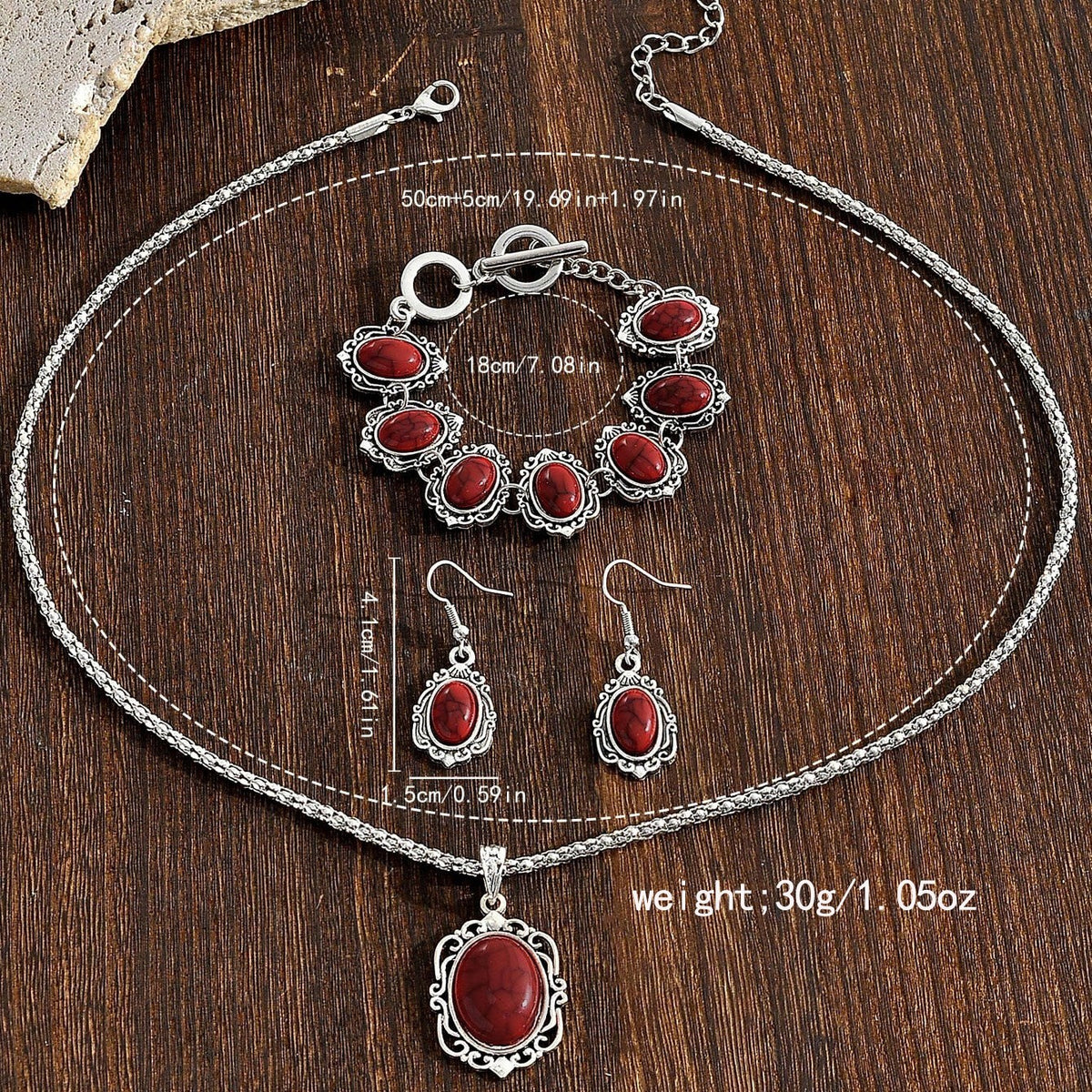 3pc Boho Faux Turquoise Oval Necklace, Bracelet & Earring Set