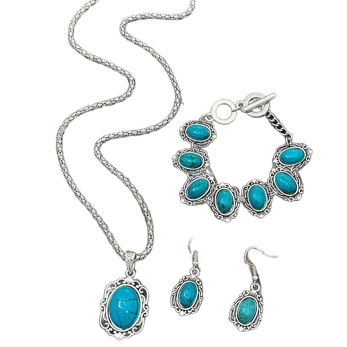 3pc Boho Faux Turquoise Oval Necklace, Bracelet & Earring Set