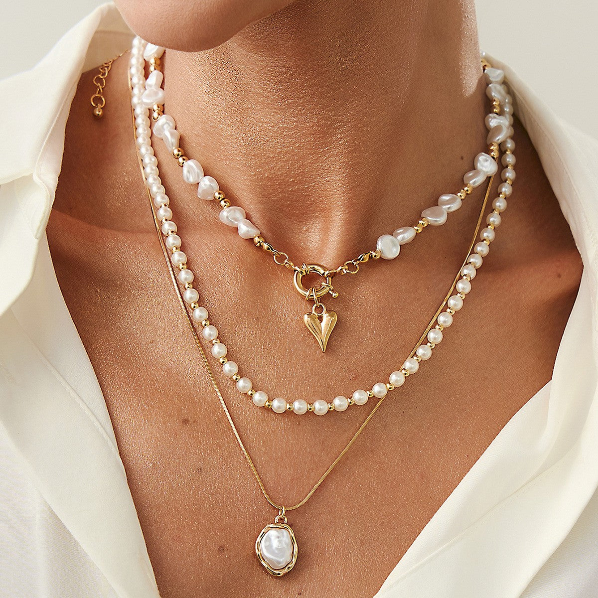 Classy Layered Faux Pearl Heart Necklace