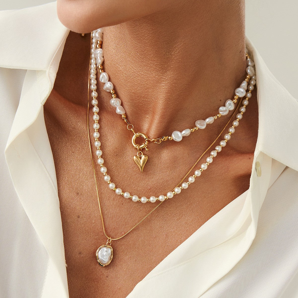 Classy Layered Faux Pearl Heart Necklace