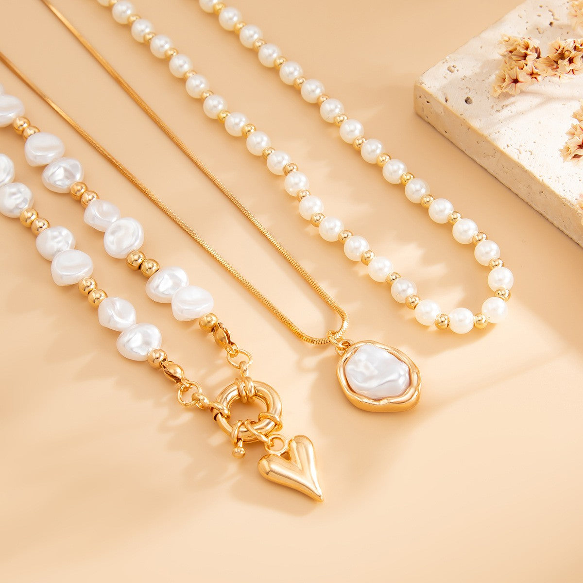Classy Layered Faux Pearl Heart Necklace