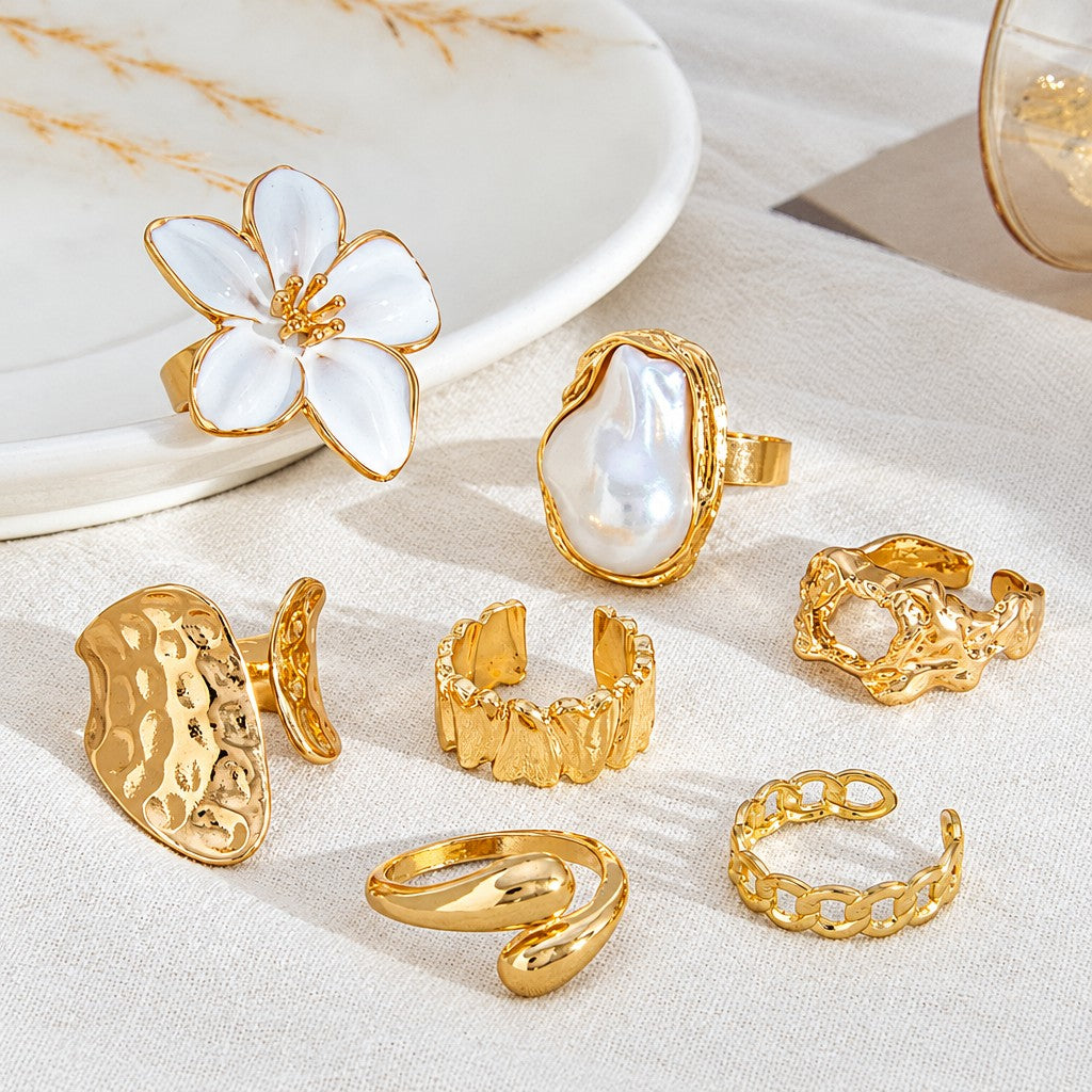 Classy Floral & Pearl Open Ring Set