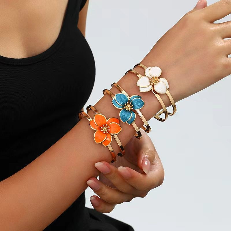 Romantic Multicolor Enamel Flower Bangle & Ring Set