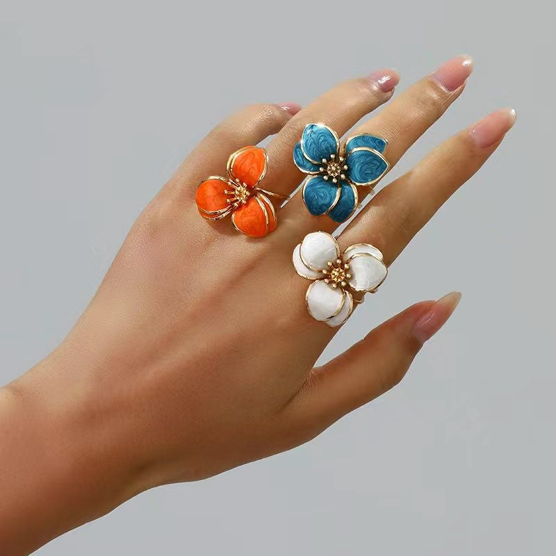 Romantic Multicolor Enamel Flower Bangle & Ring Set