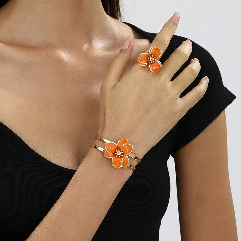Romantic Multicolor Enamel Flower Bangle & Ring Set