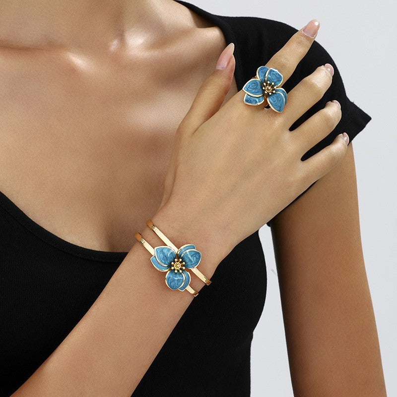 Romantic Multicolor Enamel Flower Bangle & Ring Set