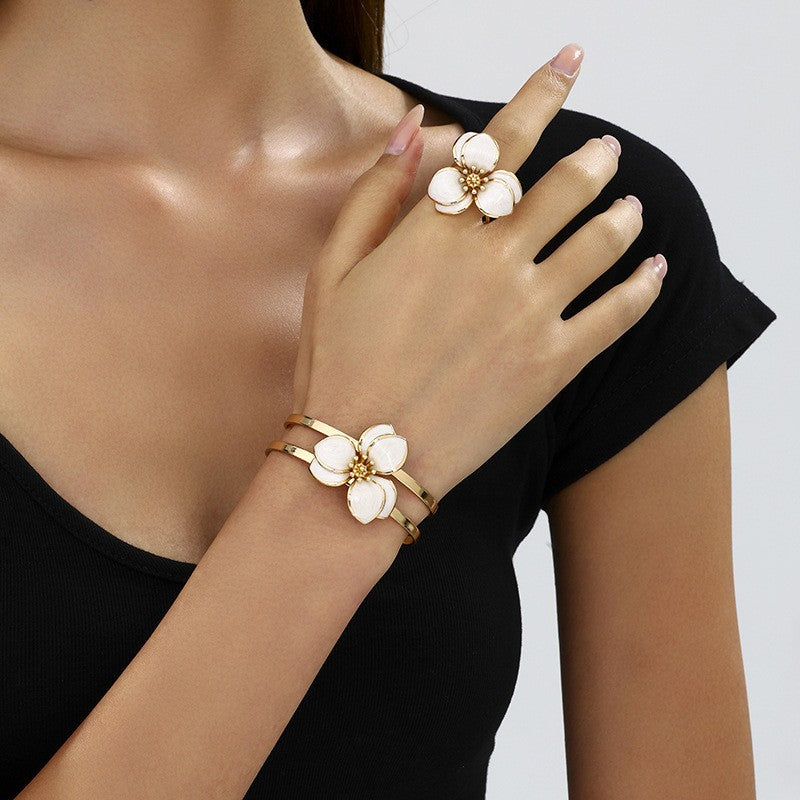 Romantic Multicolor Enamel Flower Bangle & Ring Set