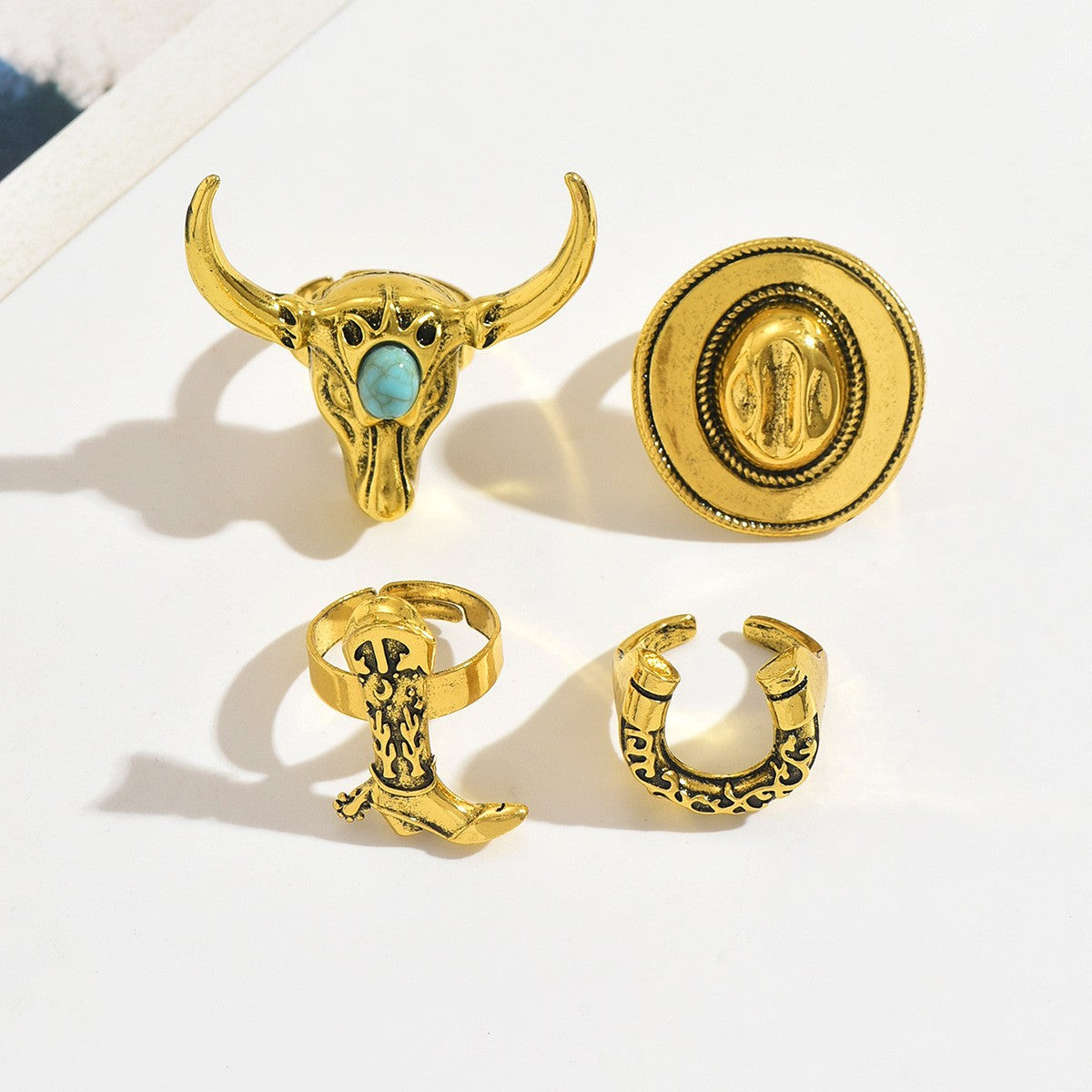 4pc Boho Western Bull Skull & Horseshoe Ring Set