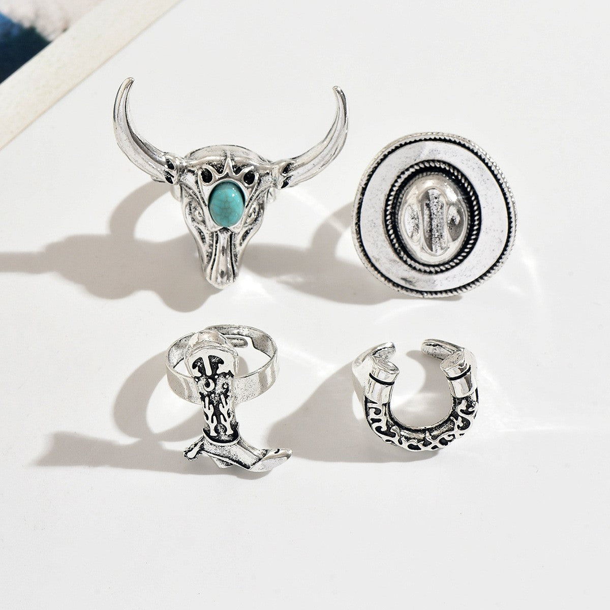 4pc Boho Western Bull Skull & Horseshoe Ring Set
