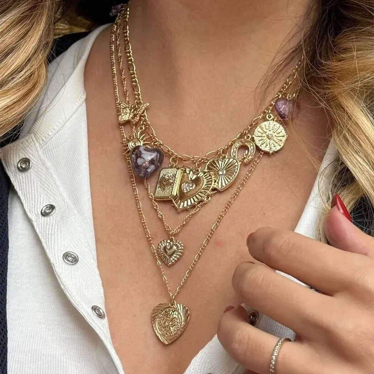Boho Layered Embossed Heart & Coin Necklace