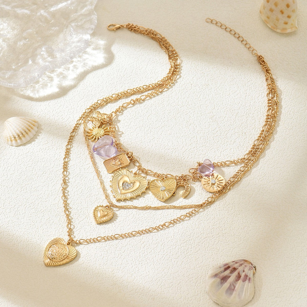 Boho Layered Embossed Heart & Coin Necklace