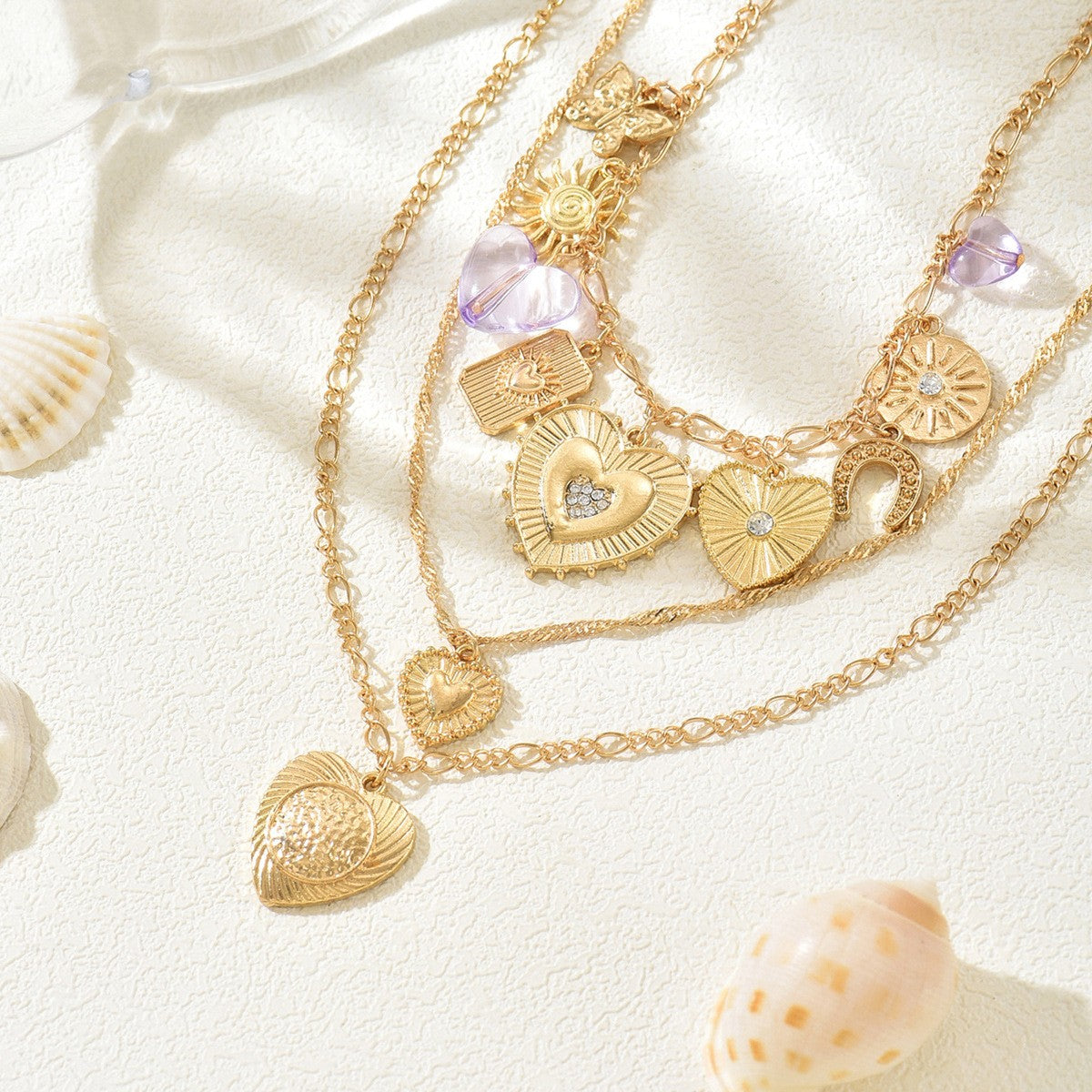 Boho Layered Embossed Heart & Coin Necklace