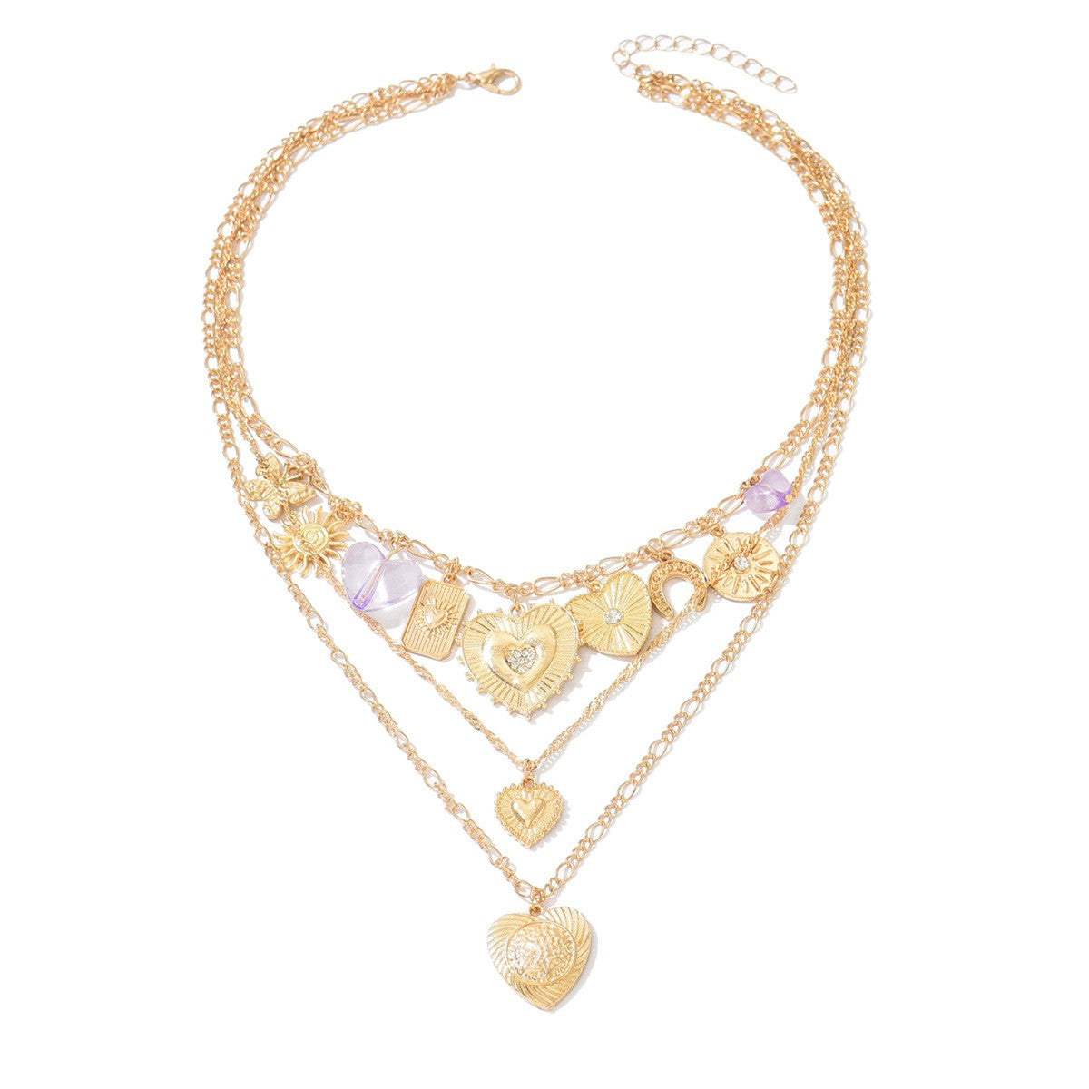 Boho Layered Embossed Heart & Coin Necklace