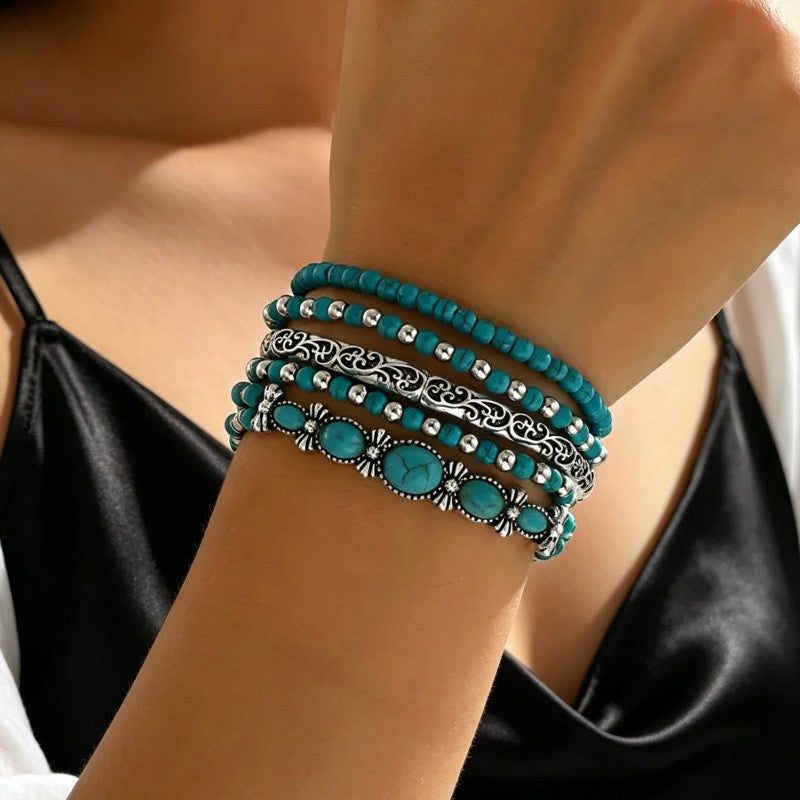 5pc Vintage Turquoise Beaded Bracelet Set