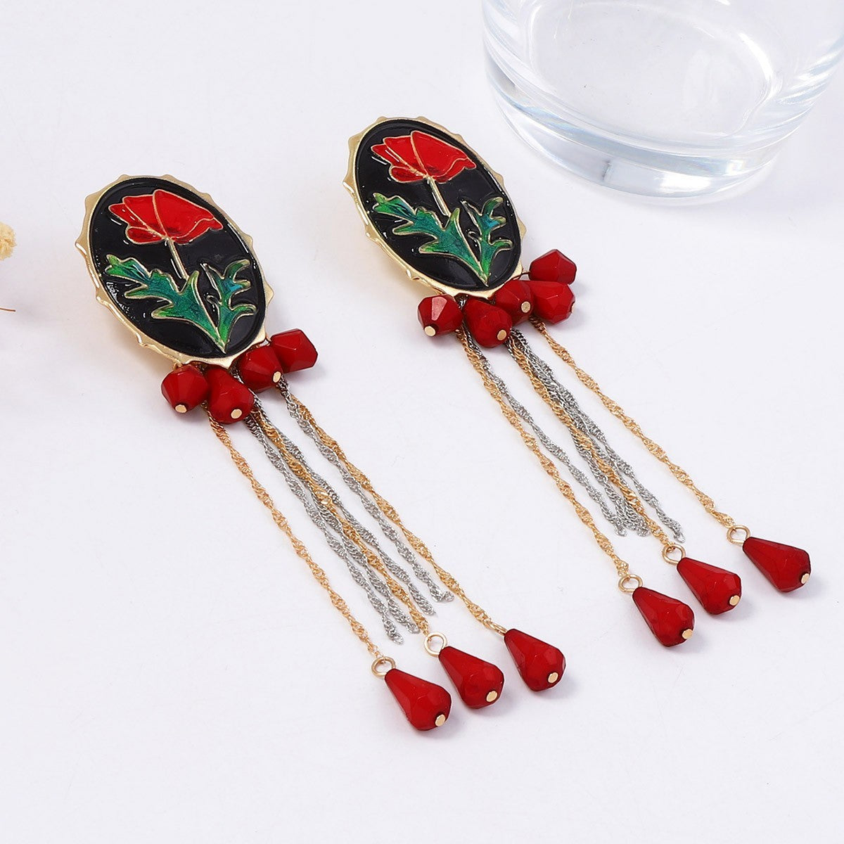 Romantic Red Enamel Rose Tassel Earrings