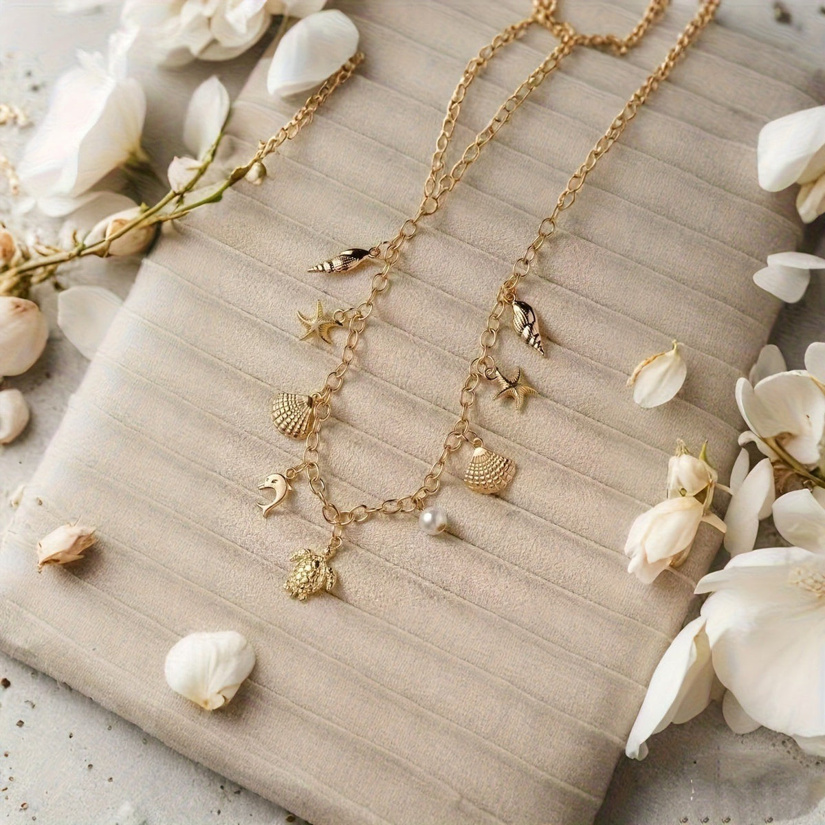 Dainty Boho Sea Turtle & Shell Charm Necklace