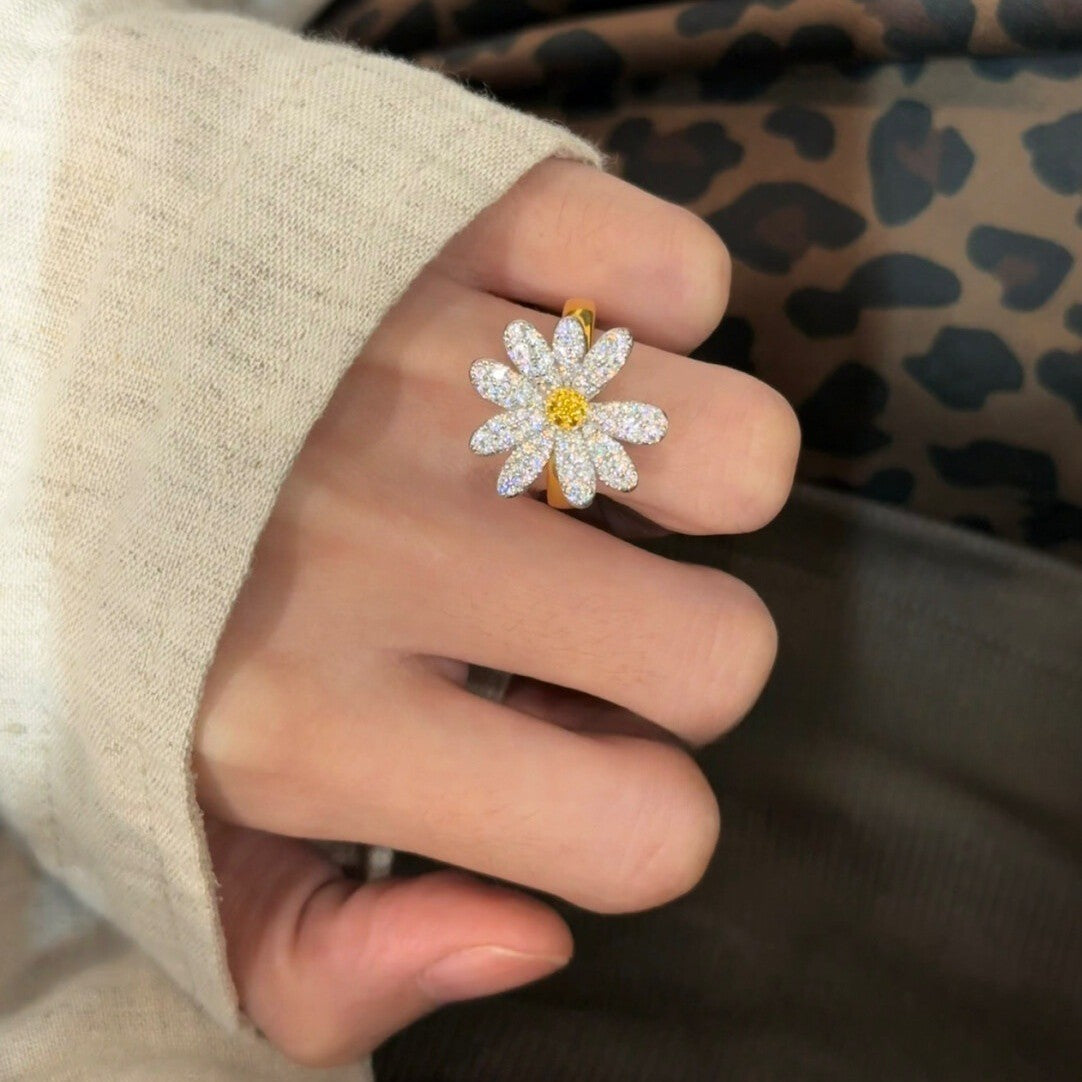 Dainty Pave Daisy Flower Open Ring