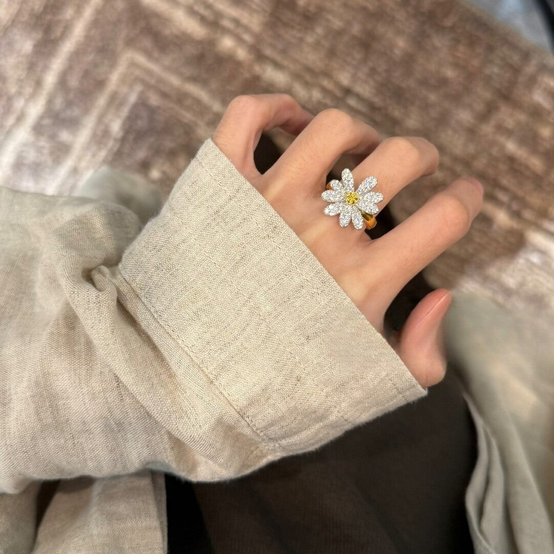 Dainty Pave Daisy Flower Open Ring