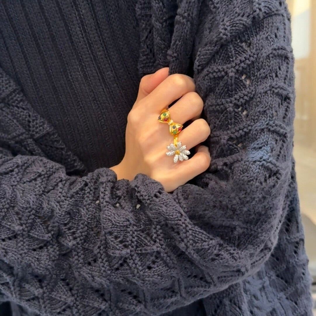 Dainty Pave Daisy Flower Open Ring