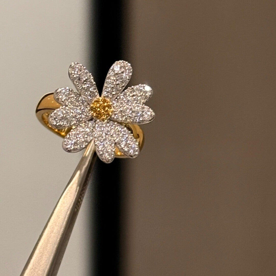 Dainty Pave Daisy Flower Open Ring