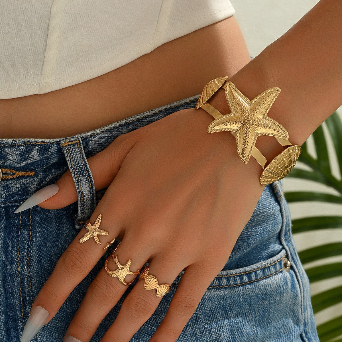 Boho Starfish & Shell Bangle and Ring Set