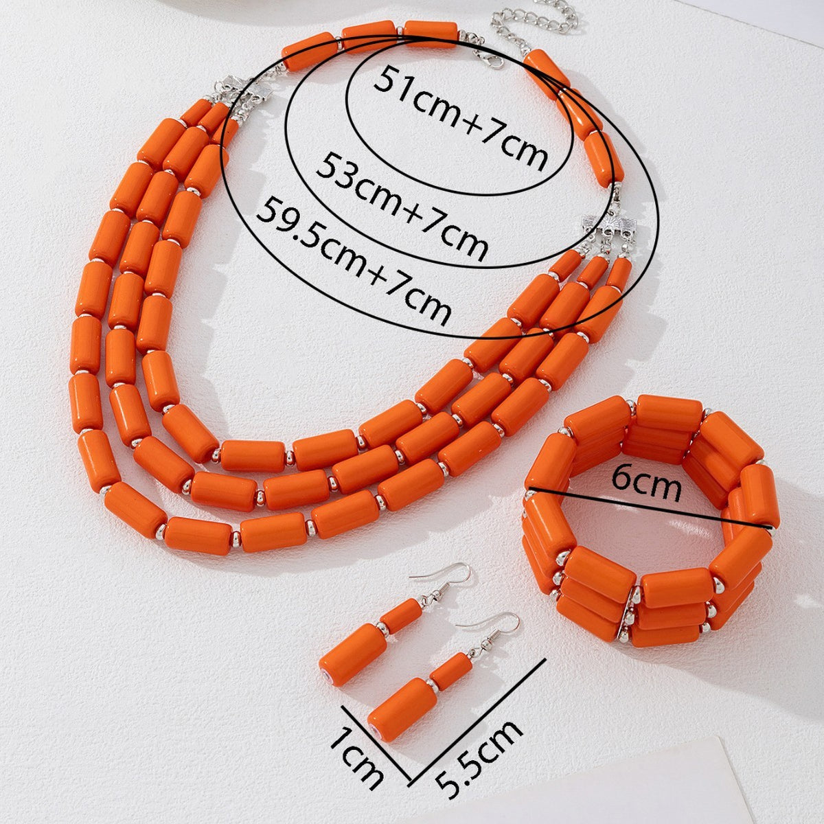 3pc Boho Orange Acrylic Bead Necklace, Bracelet & Earring Set