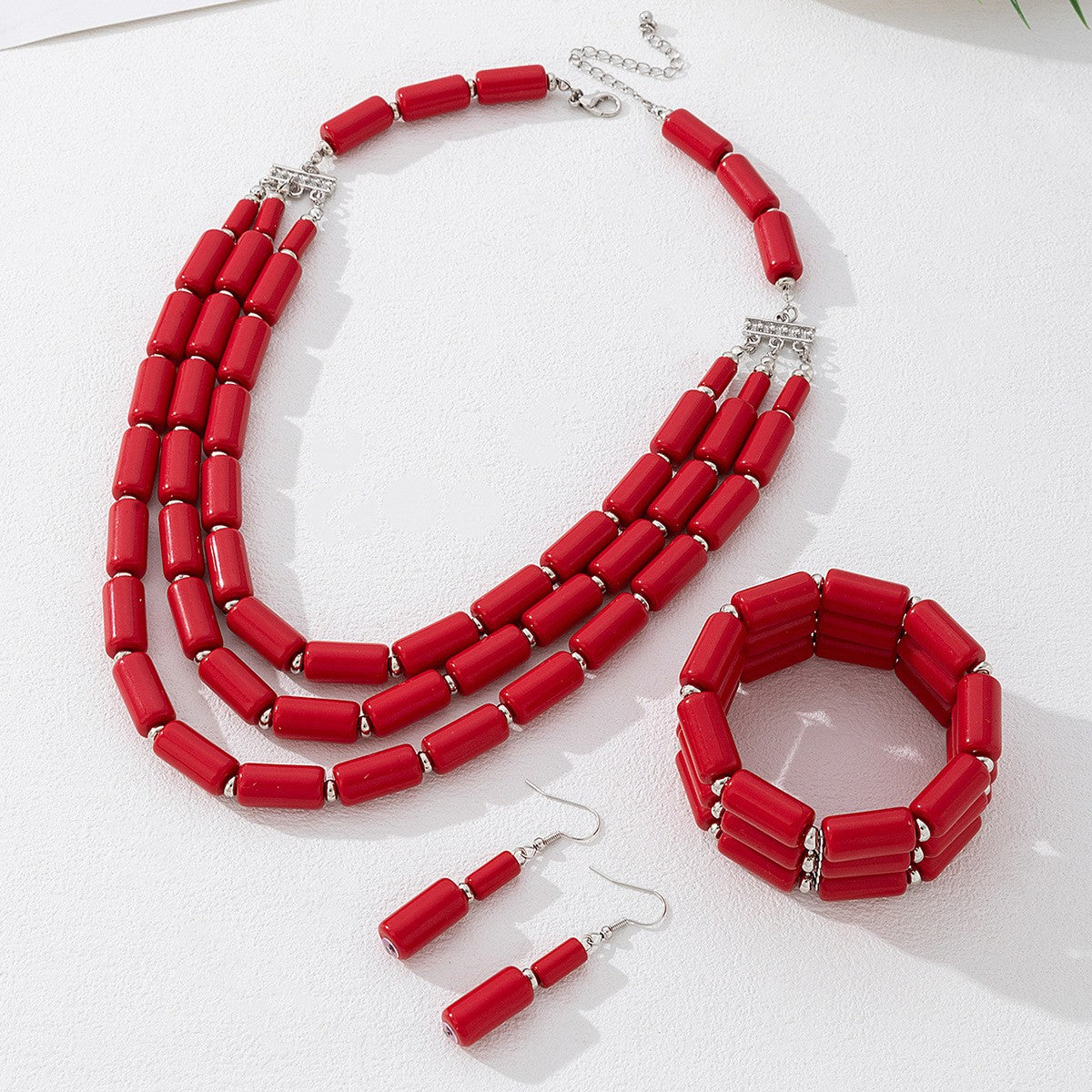 3pc Boho Orange Acrylic Bead Necklace, Bracelet & Earring Set