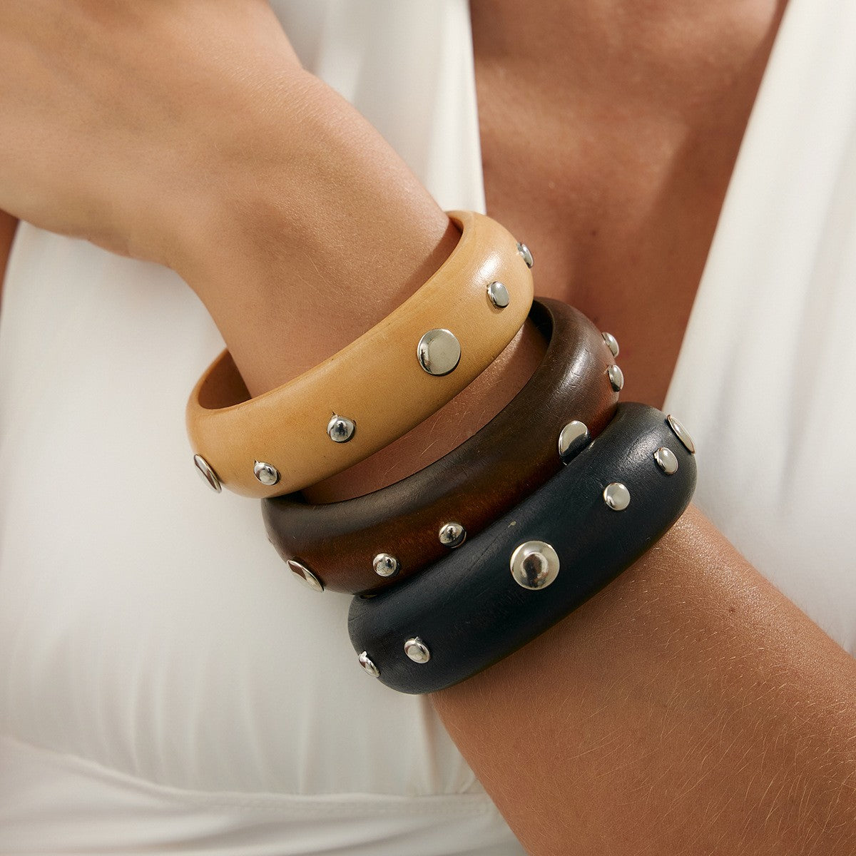 Boho Studded Wood & Metal Bangle Set