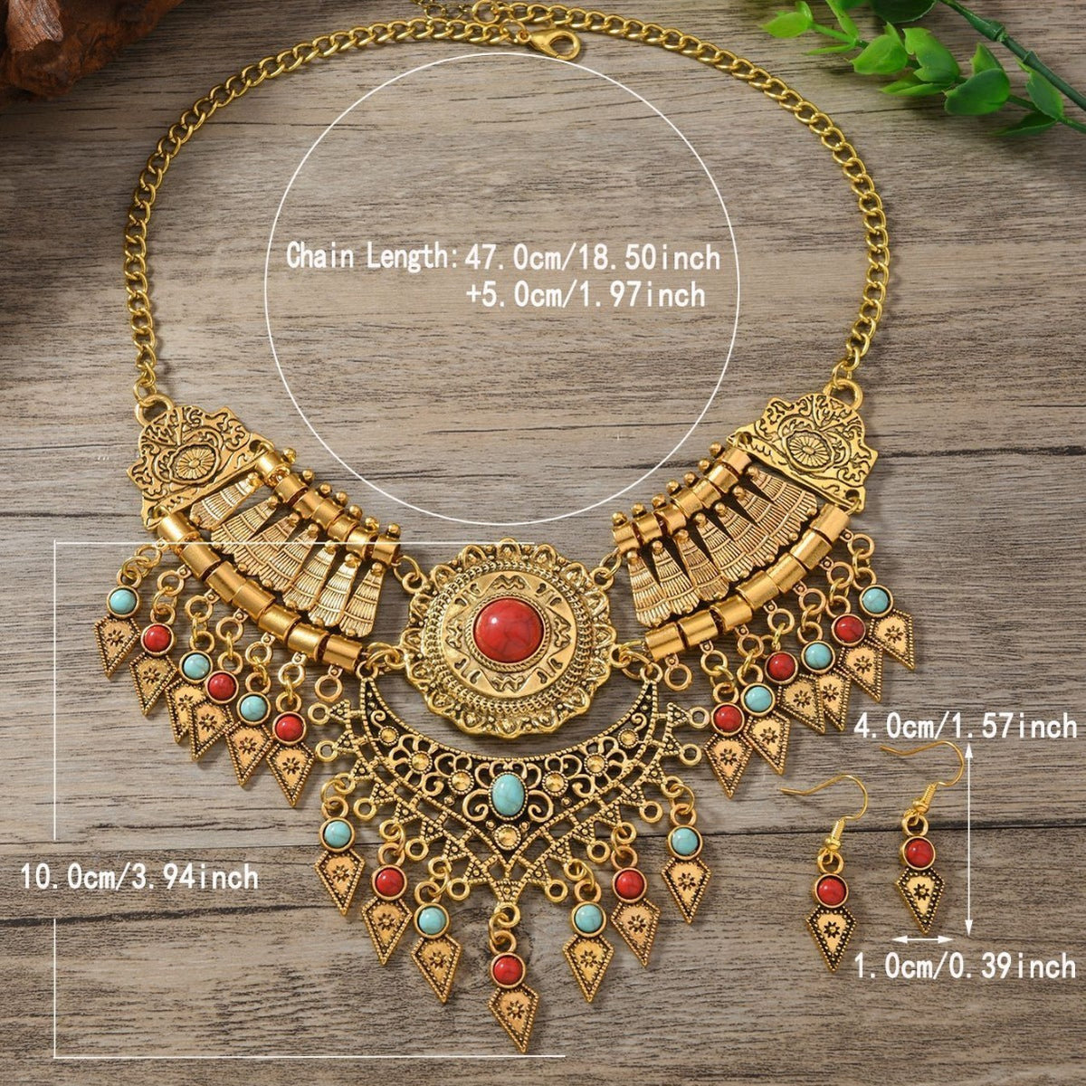 Vintage Boho Red Stone Fringe Necklace & Earring Set