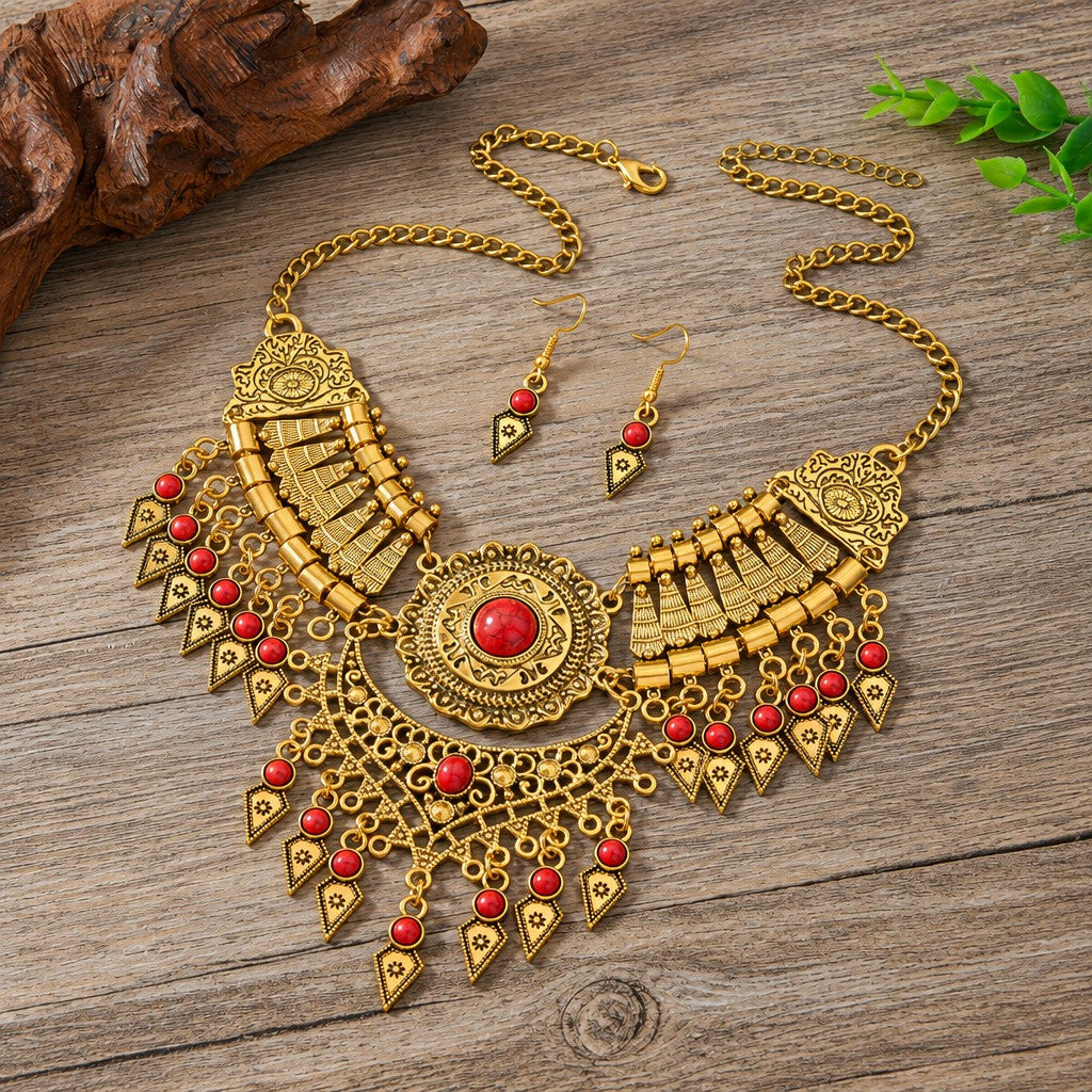 Vintage Boho Red Stone Fringe Necklace & Earring Set