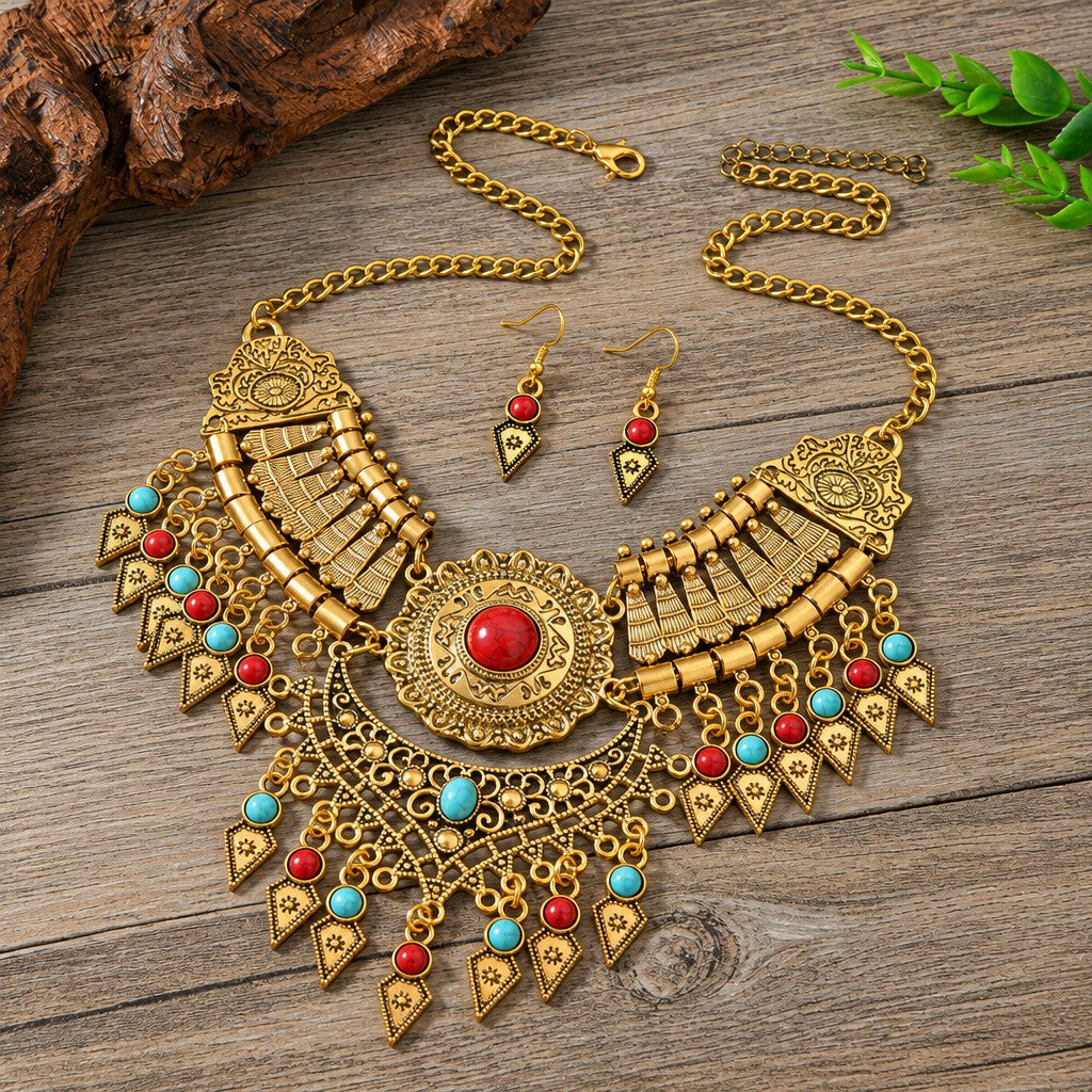 Vintage Boho Red Stone Fringe Necklace & Earring Set