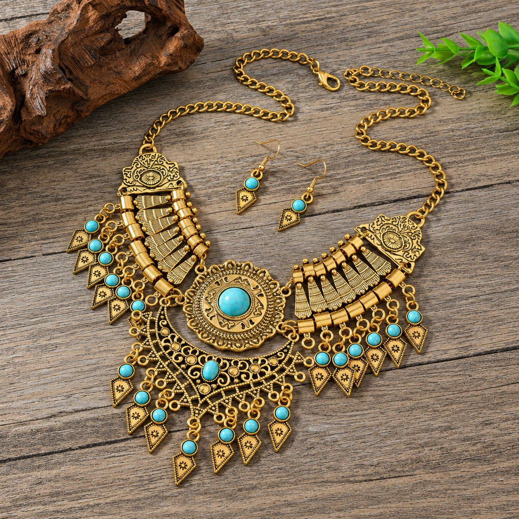Vintage Boho Red Stone Fringe Necklace & Earring Set