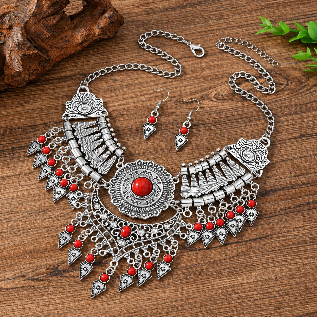 Vintage Boho Red Stone Fringe Necklace & Earring Set