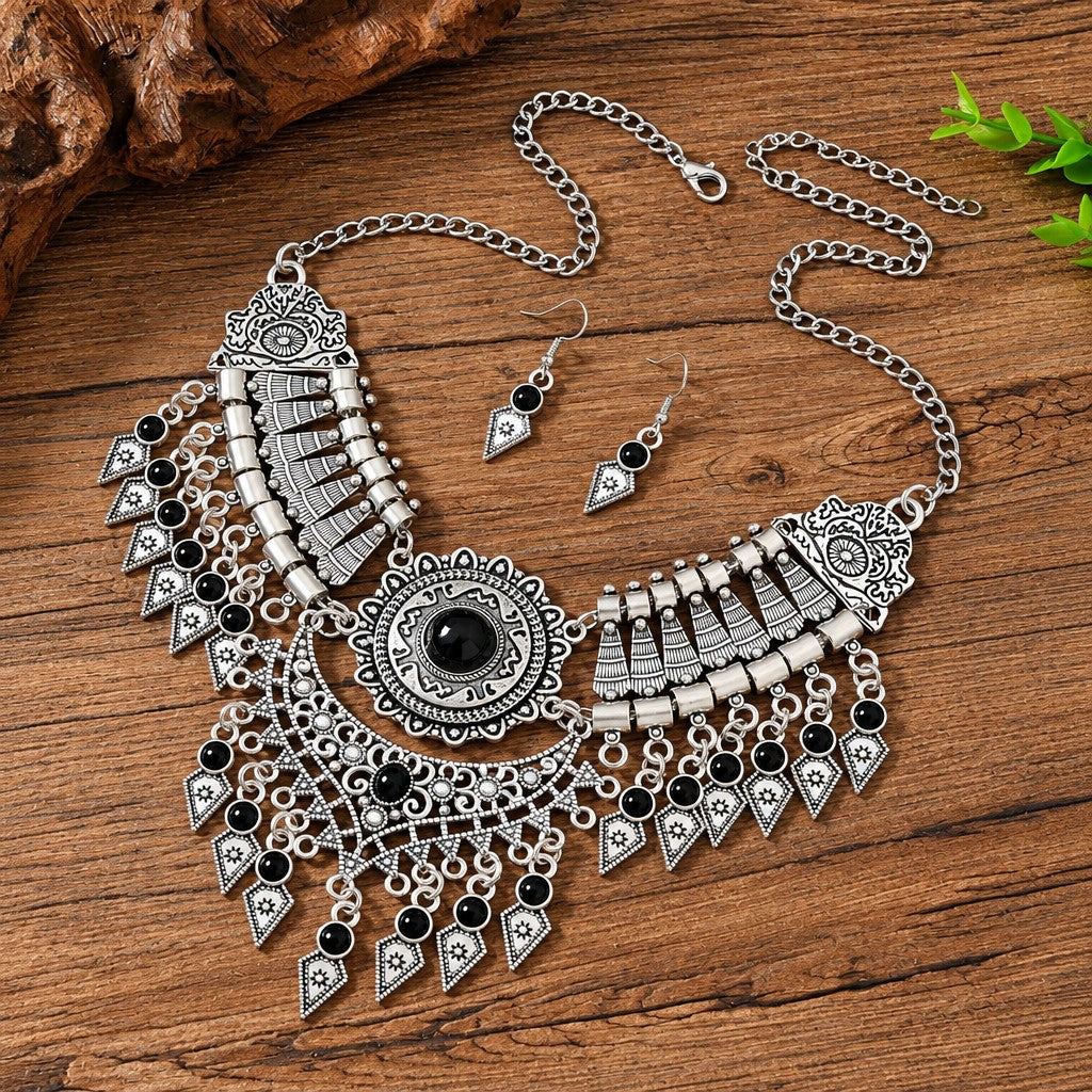 Vintage Boho Red Stone Fringe Necklace & Earring Set