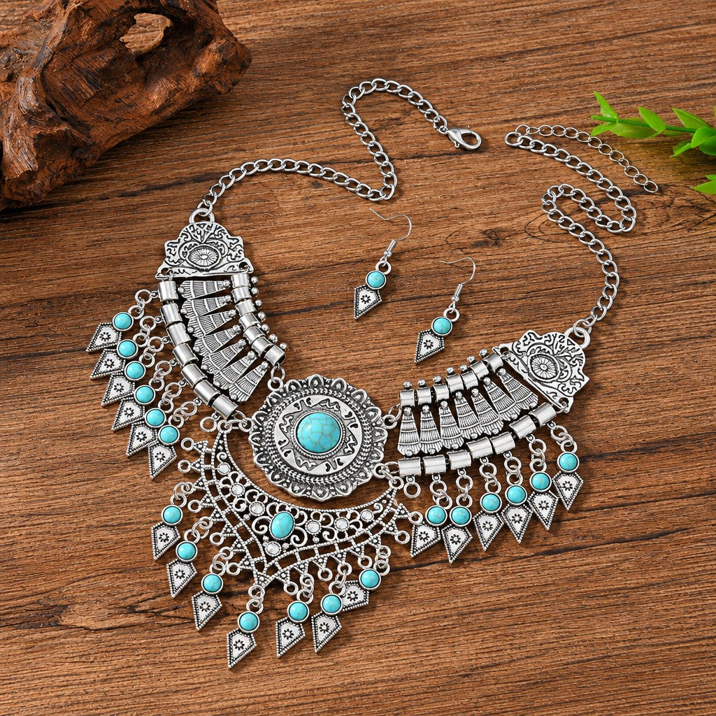 Vintage Boho Red Stone Fringe Necklace & Earring Set