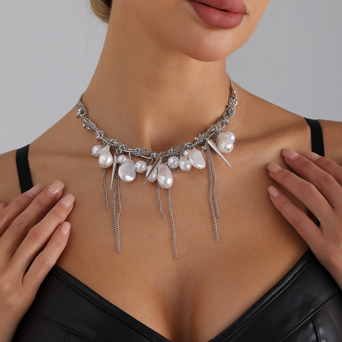 Classy Baroque Pearl Spike Choker Necklace