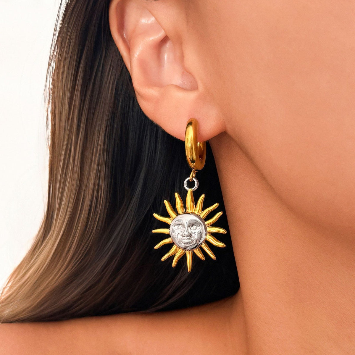 18k Boho Sun Face Drop Hoop Earrings