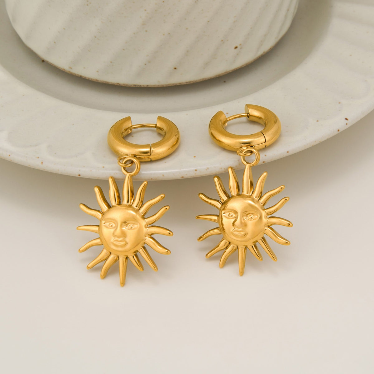 18k Boho Sun Face Drop Hoop Earrings