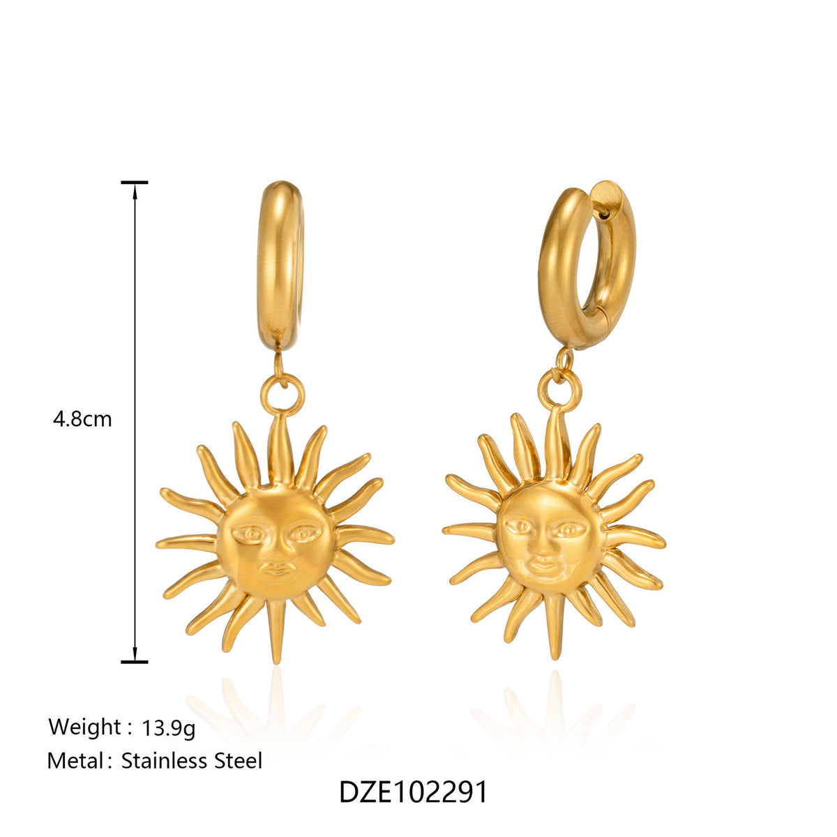18k Boho Sun Face Drop Hoop Earrings