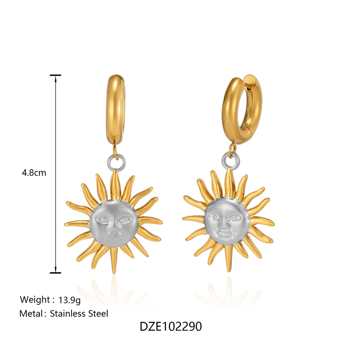 18k Boho Sun Face Drop Hoop Earrings