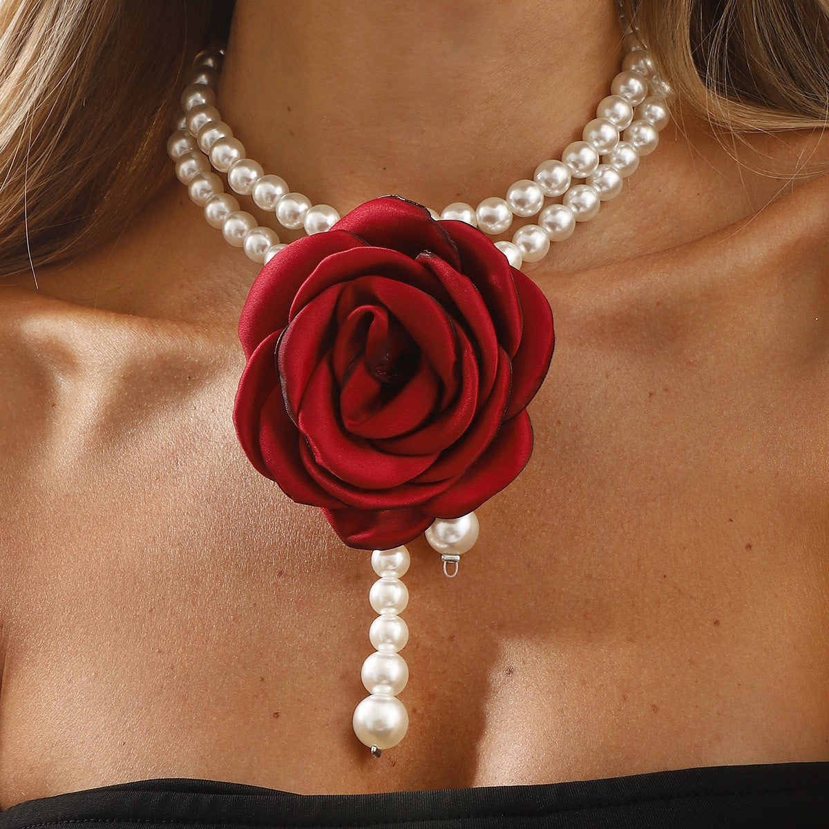 Romantic Red Fabric Rose Pearl Necklace