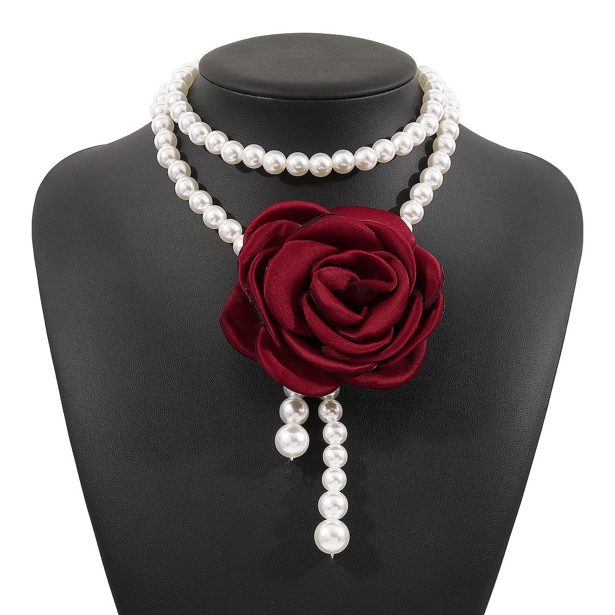 Romantic Red Fabric Rose Pearl Necklace