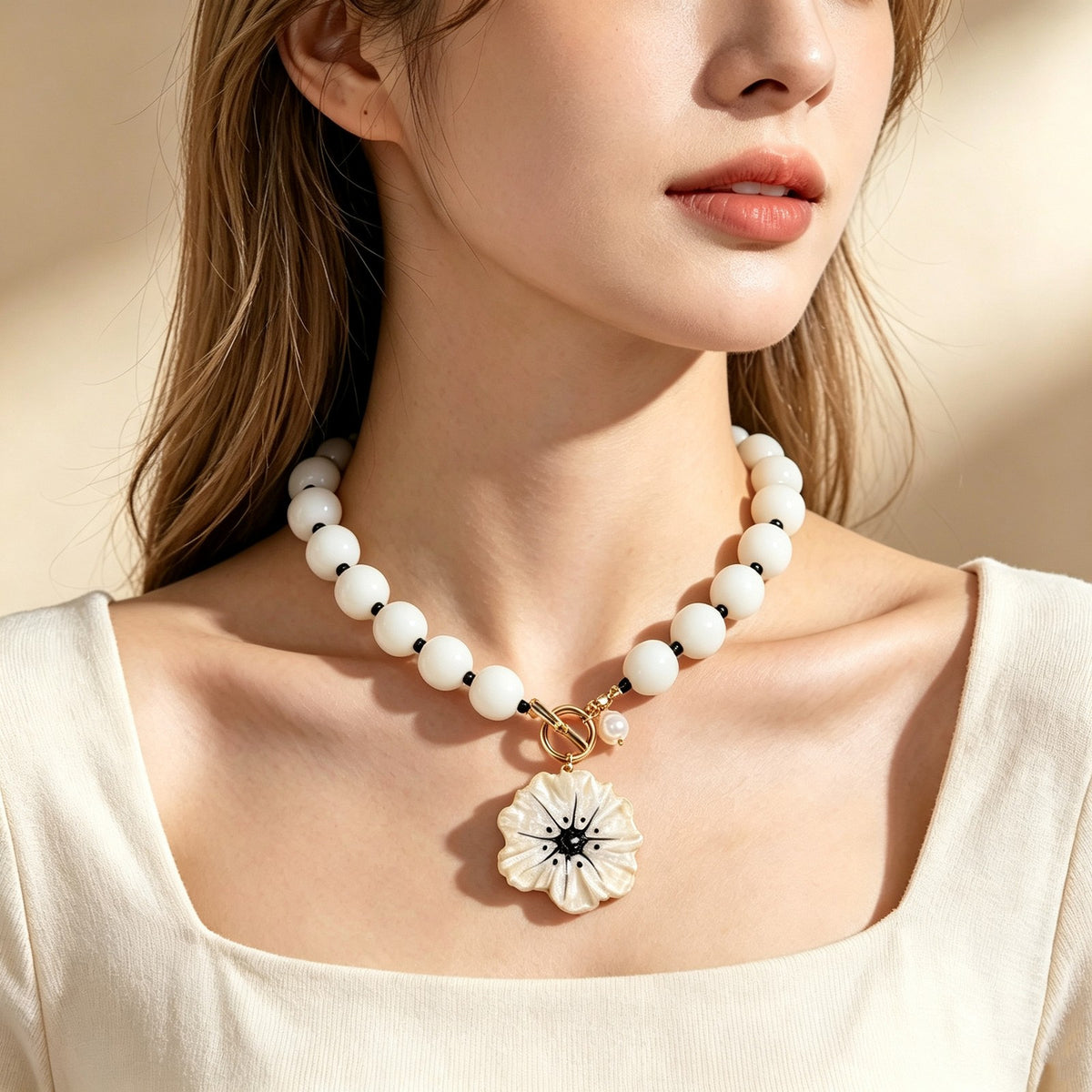 Romantic Resin Flower Beaded Necklace