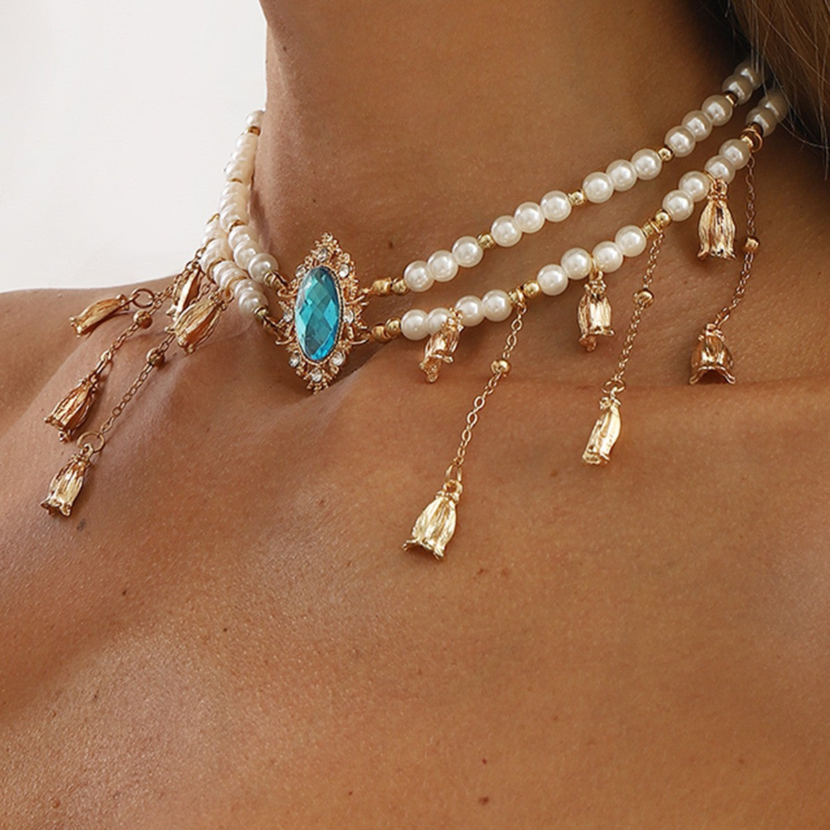 Vintage Blue Gem Faux Pearl Tassel Necklace