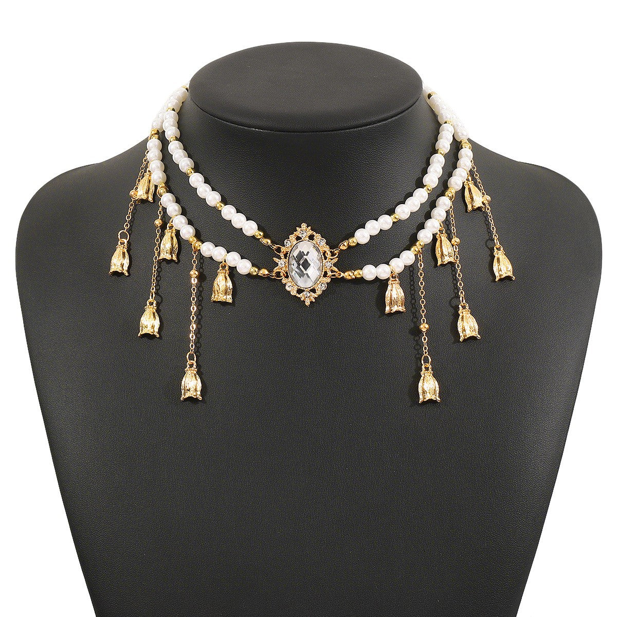 Vintage Blue Gem Faux Pearl Tassel Necklace