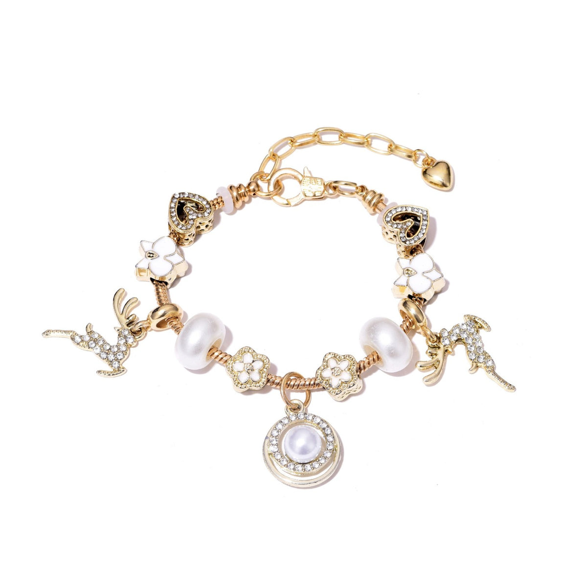 Classy Rhinestone Deer & Pearl Charm Bracelet