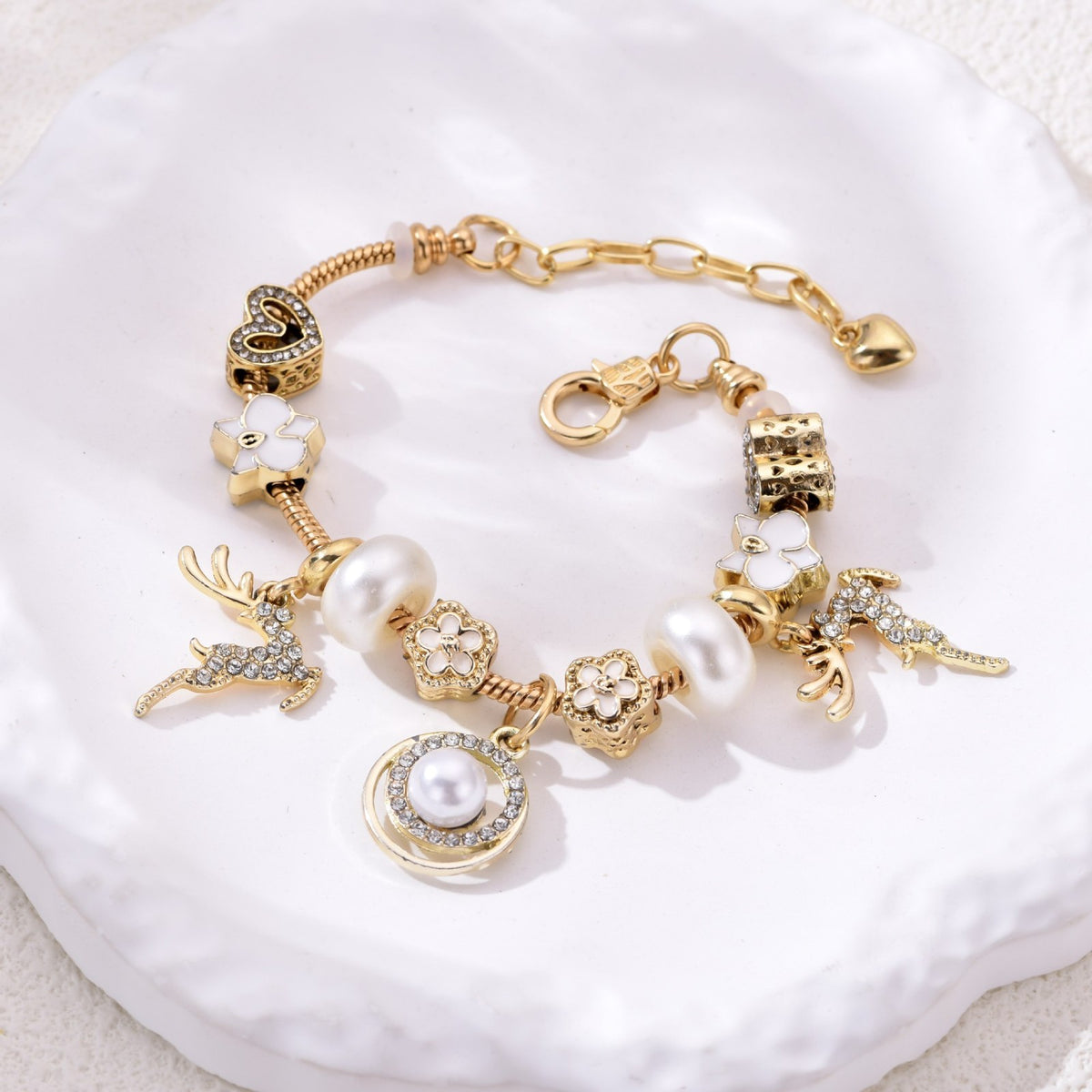 Classy Rhinestone Deer & Pearl Charm Bracelet