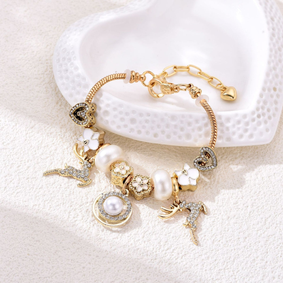 Classy Rhinestone Deer & Pearl Charm Bracelet